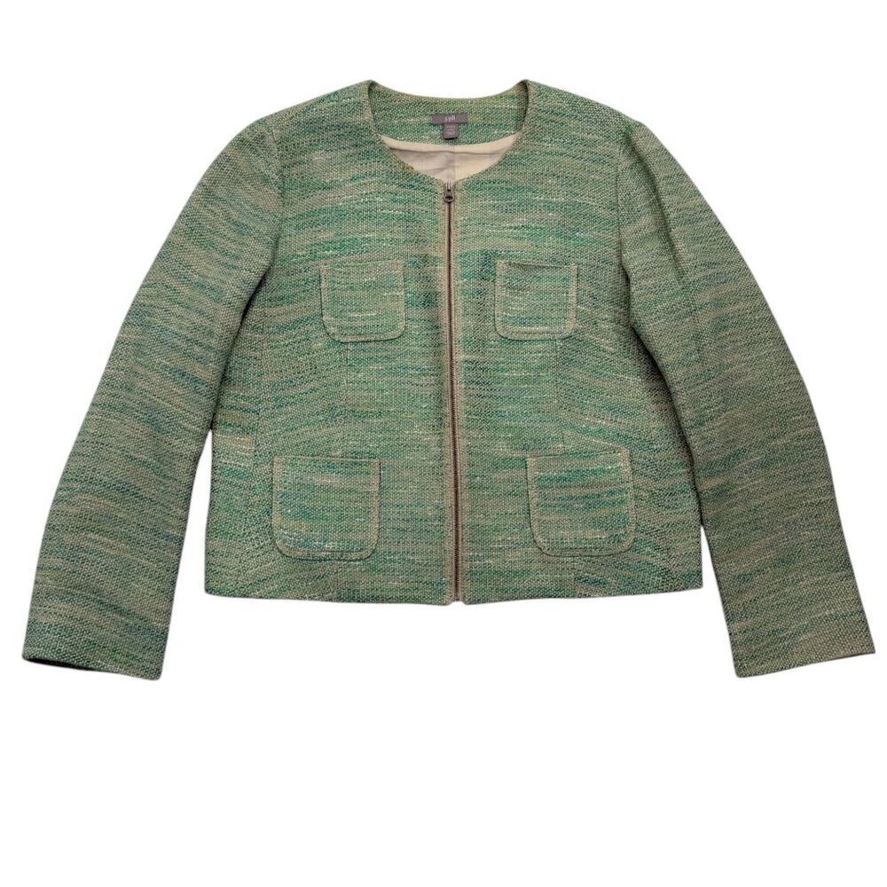 J Jill Linen Blend Tweed Spring Blazer Jacket Full Zip‎ Stretch Green Size LP